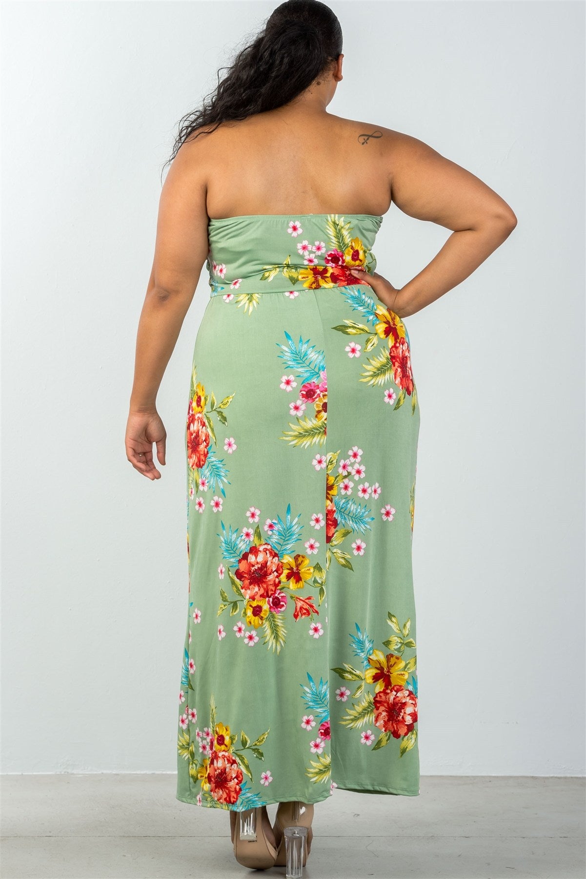 Ladies fashion plus size allover tropical floral print strapless maxi dress