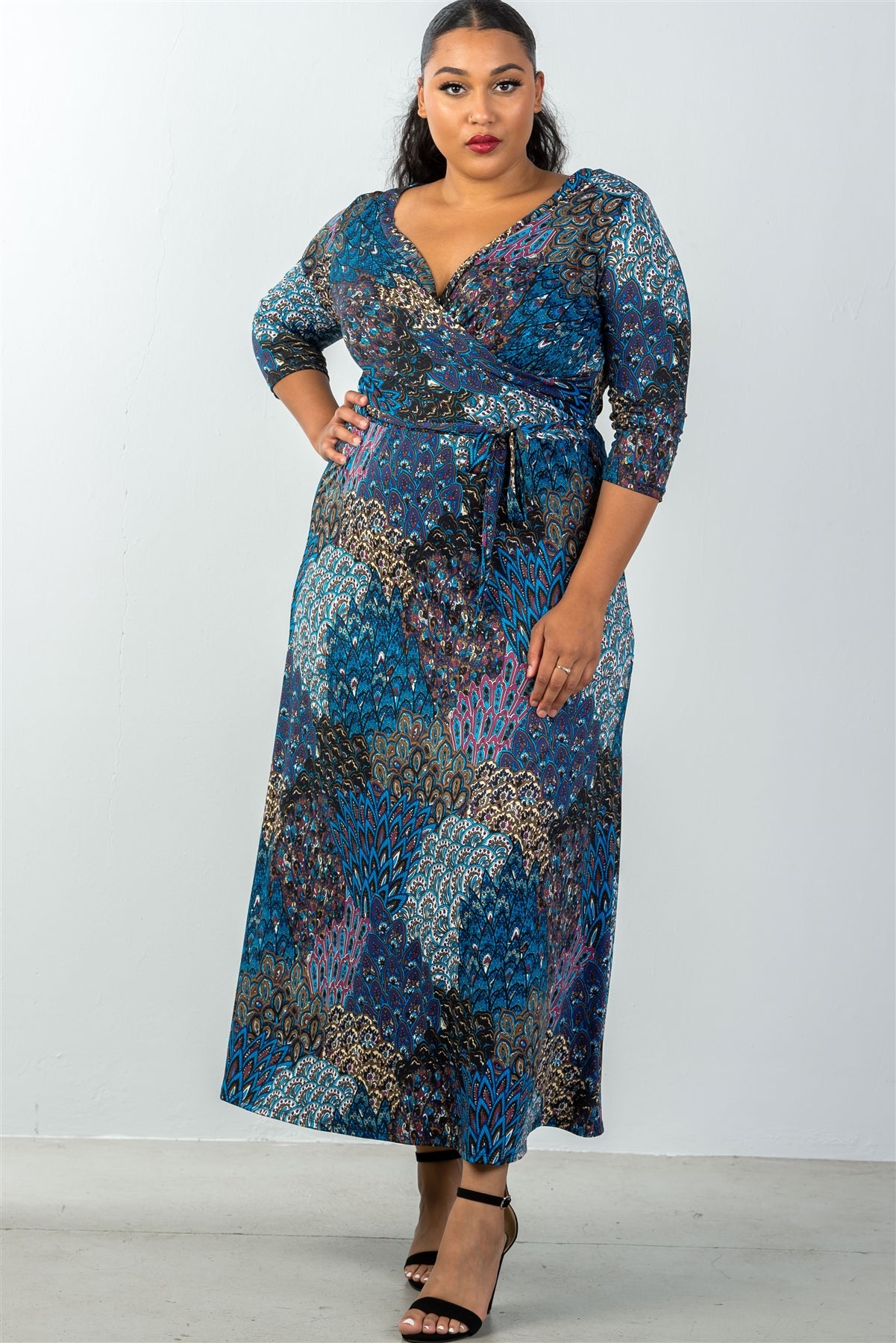 Ladies fashion plus size waist tie multi-blue mix print faux wrap maxi dress