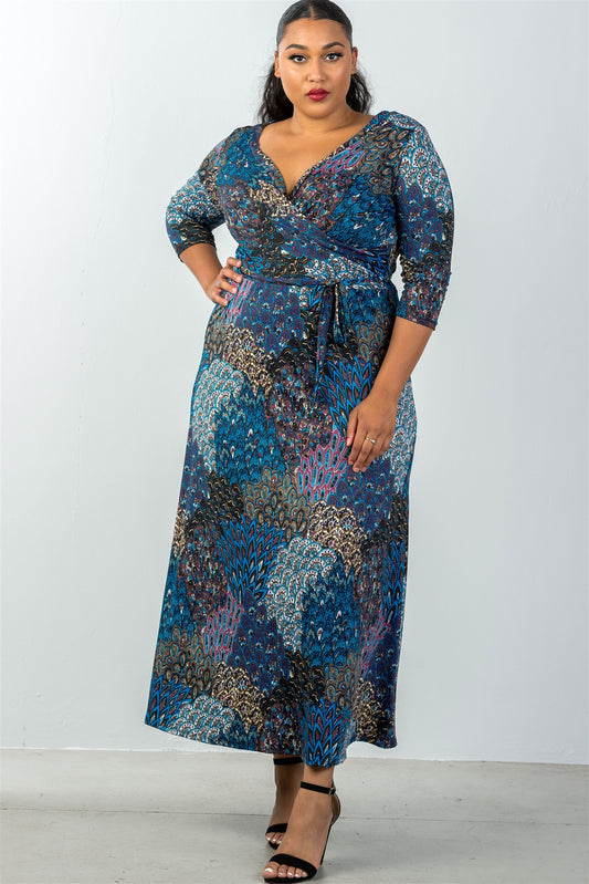 Ladies fashion plus size waist tie multi-blue mix print faux wrap maxi dress