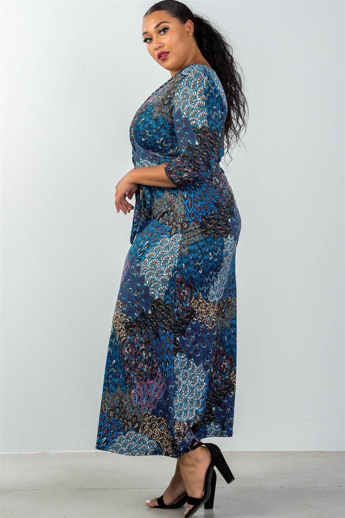 Ladies fashion plus size waist tie multi-blue mix print faux wrap maxi dress