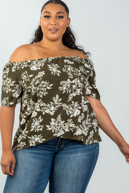 Ladies fashion plus size all over white leaf print overlap front off the shoulder top