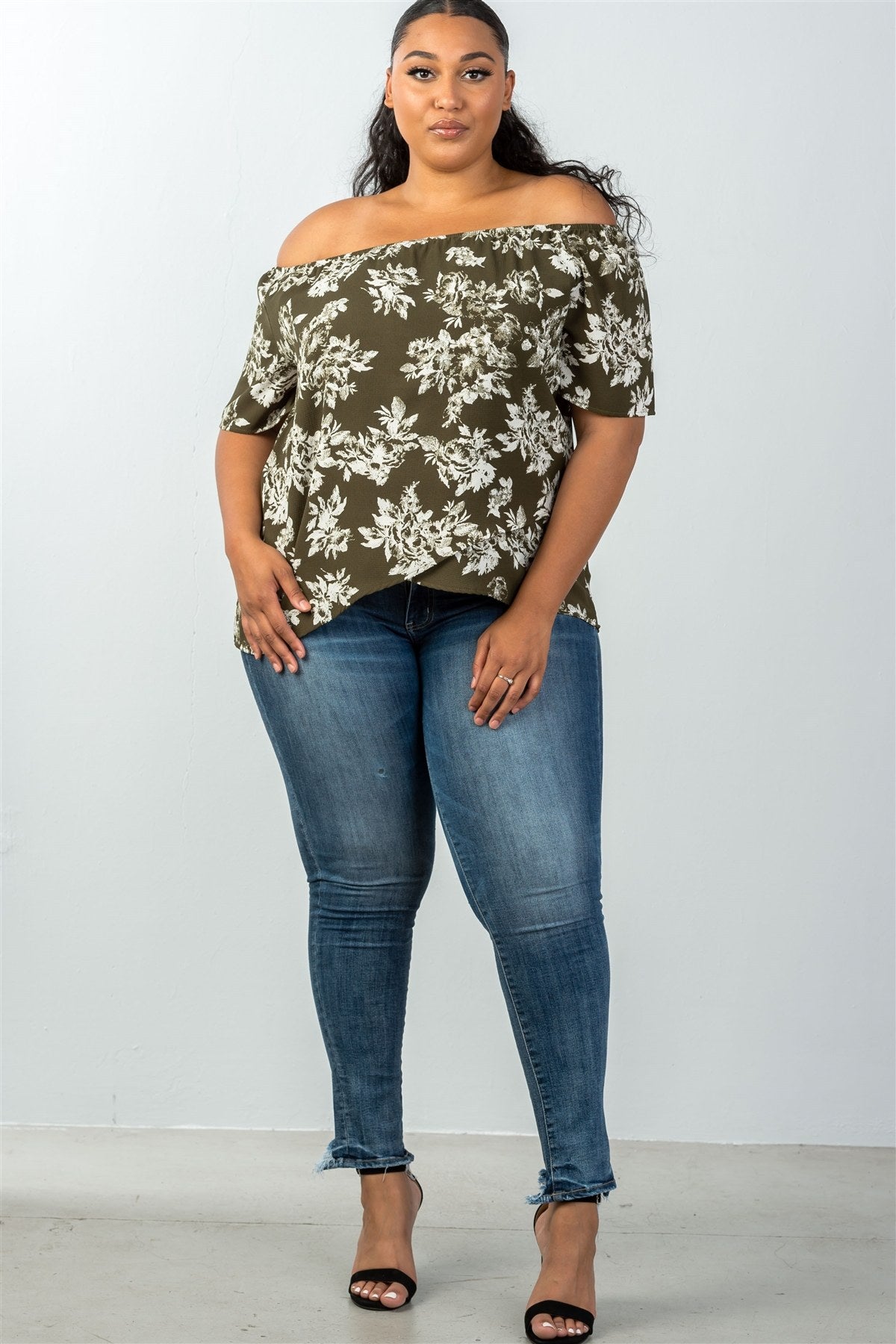 Ladies fashion plus size all over white leaf print overlap front off the shoulder top