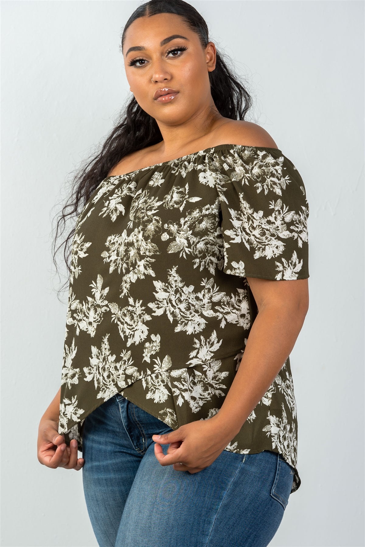 Ladies fashion plus size all over white leaf print overlap front off the shoulder top