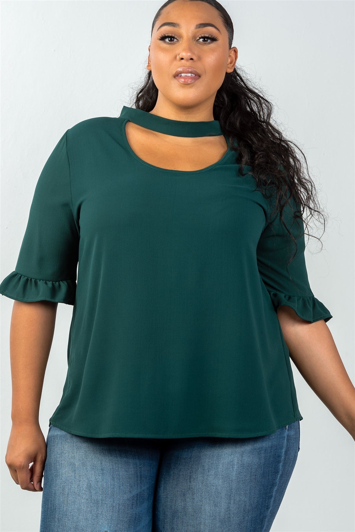 Ladies fashion plus size 3/4 sleeve mock neck keyhole choker top