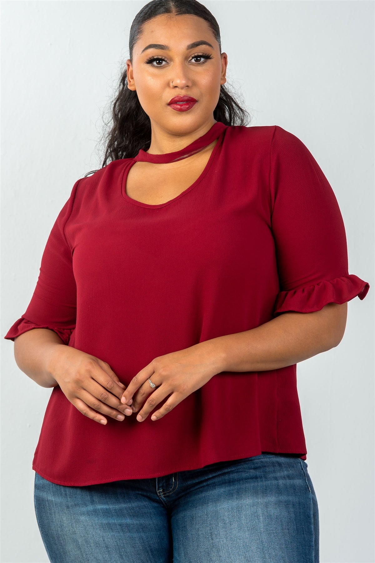 Ladies fashion plus size 3/4 sleeve mock neck keyhole choker top