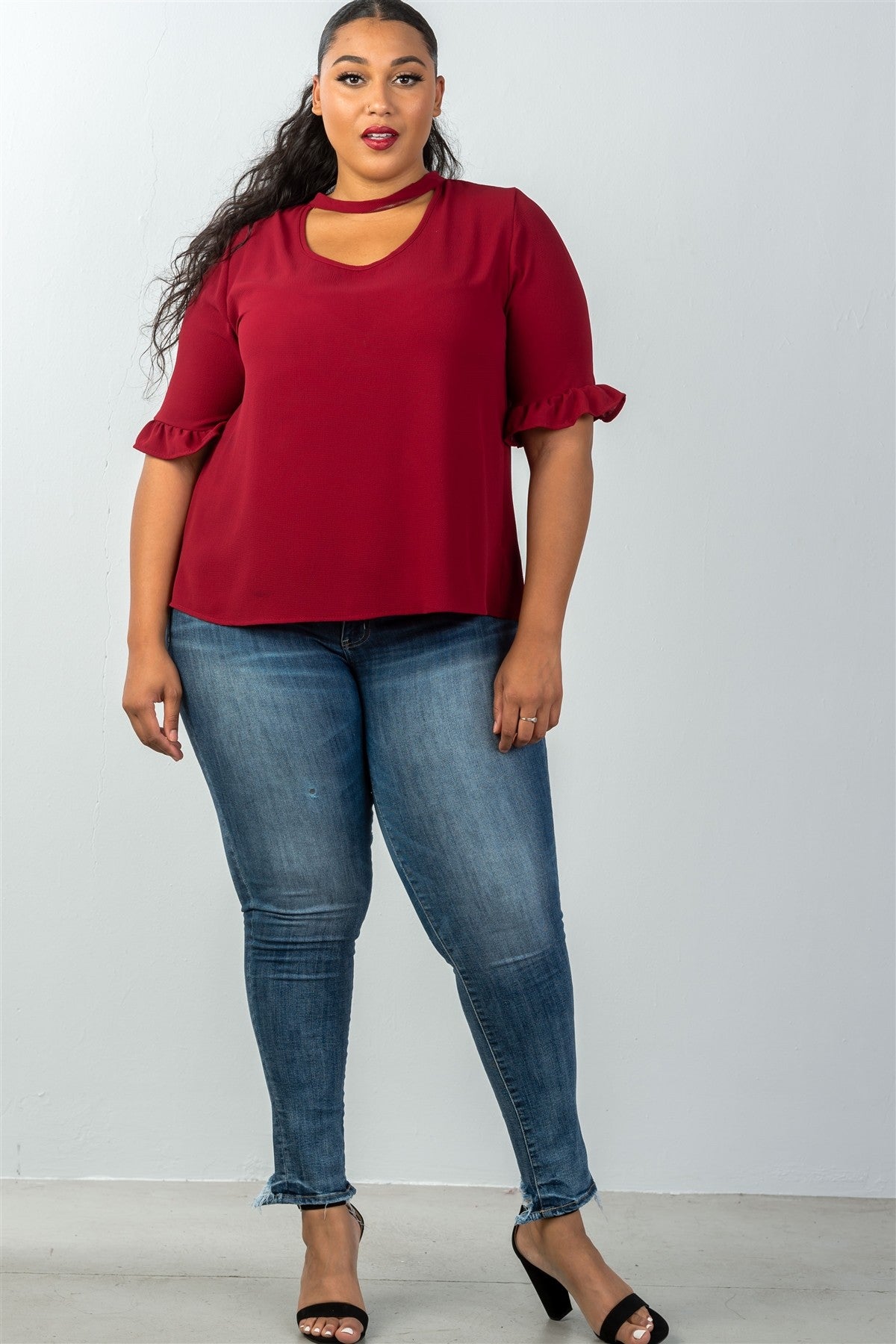 Ladies fashion plus size 3/4 sleeve mock neck keyhole choker top