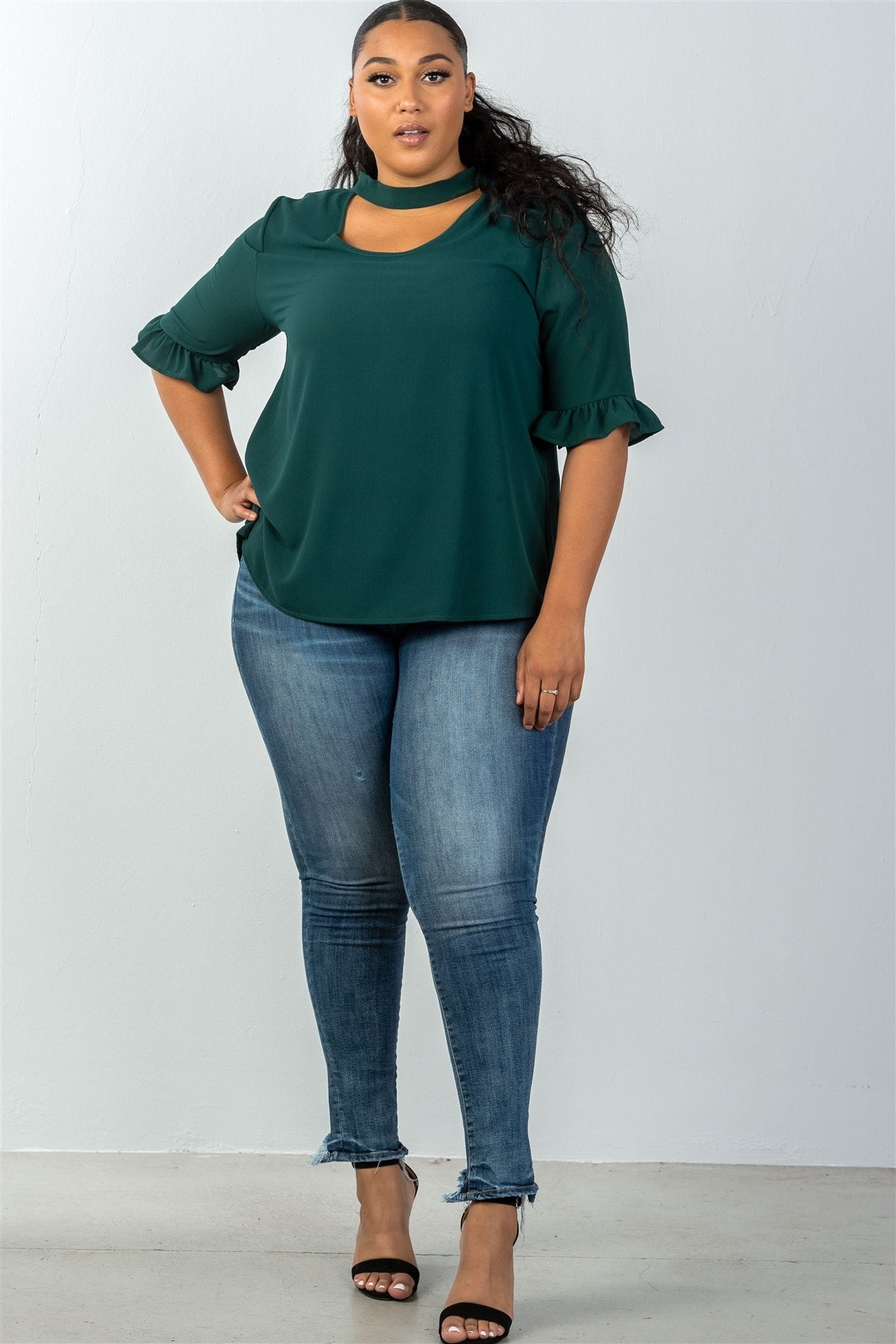 Ladies fashion plus size 3/4 sleeve mock neck keyhole choker top