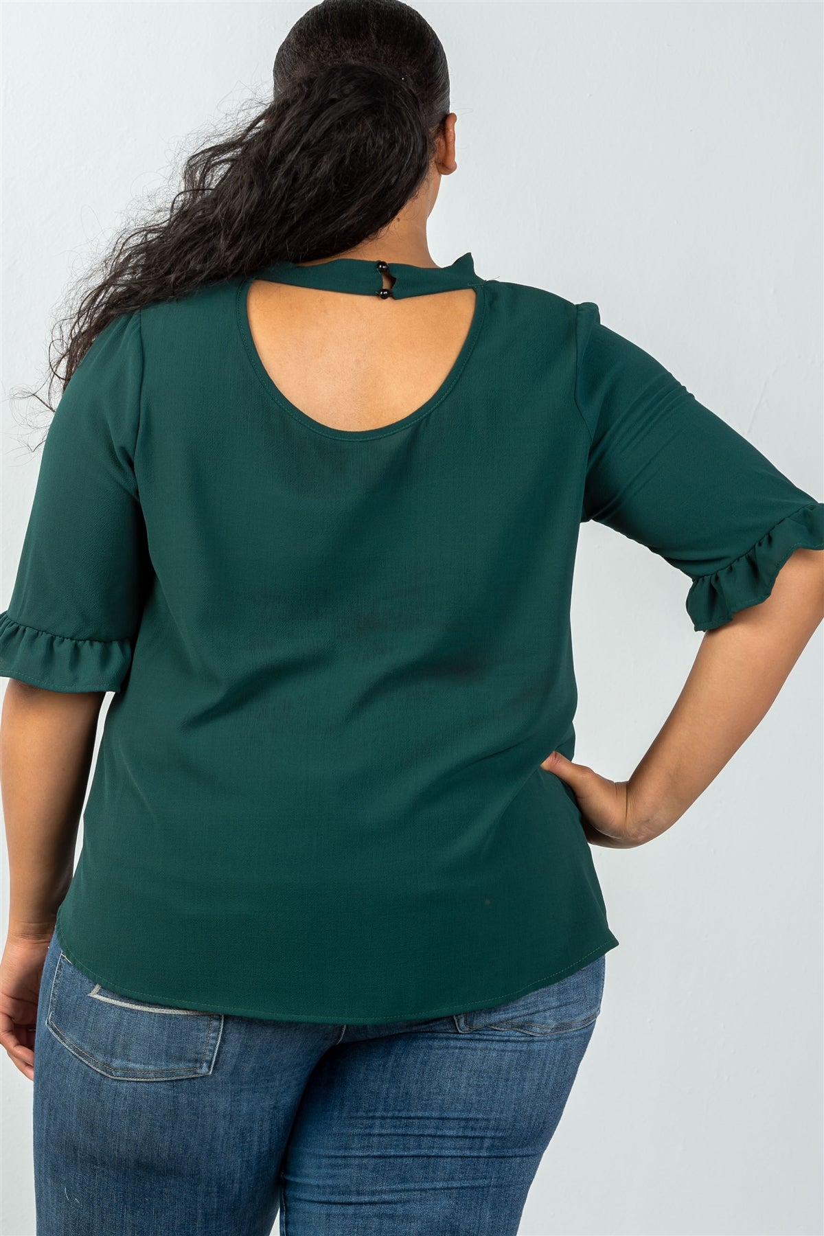 Ladies fashion plus size 3/4 sleeve mock neck keyhole choker top