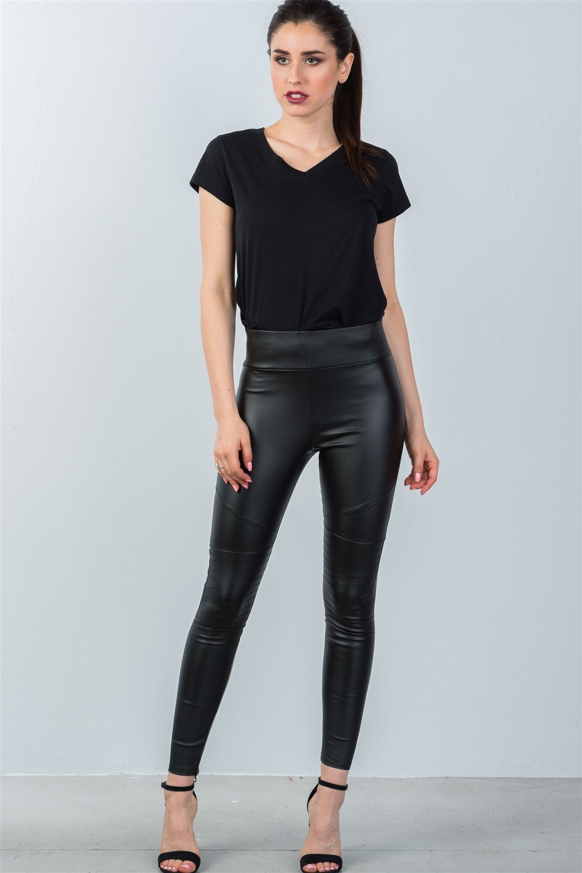 Ladies fashion knee panel ankle zipper moto skinny leggings