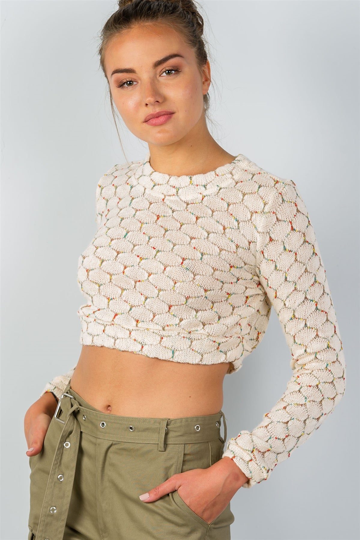 Ladies fashion round neckline hexagon print crop pullover