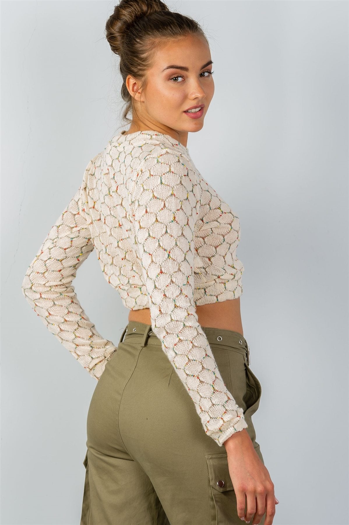 Ladies fashion round neckline hexagon print crop pullover