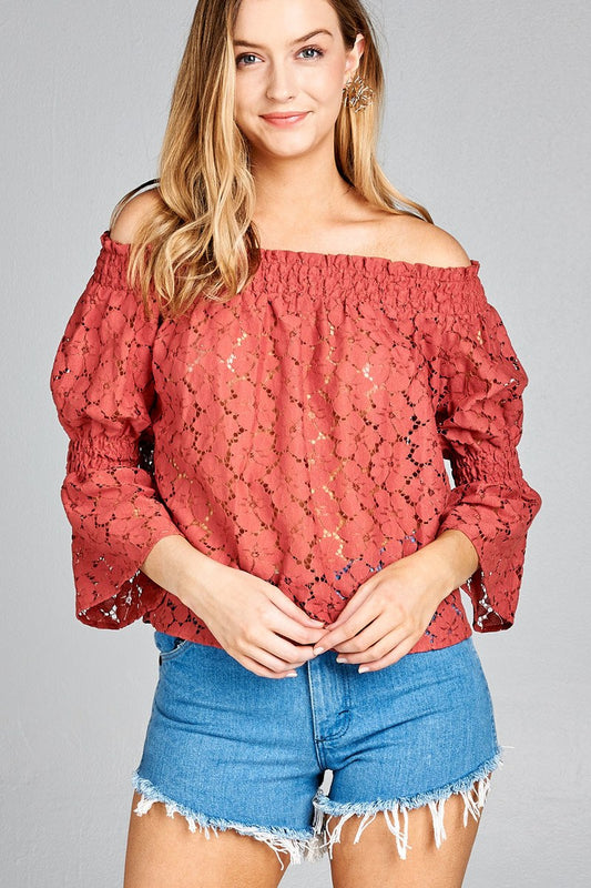 Ladies fashion off the shoulder w/smocked detail floral lace top