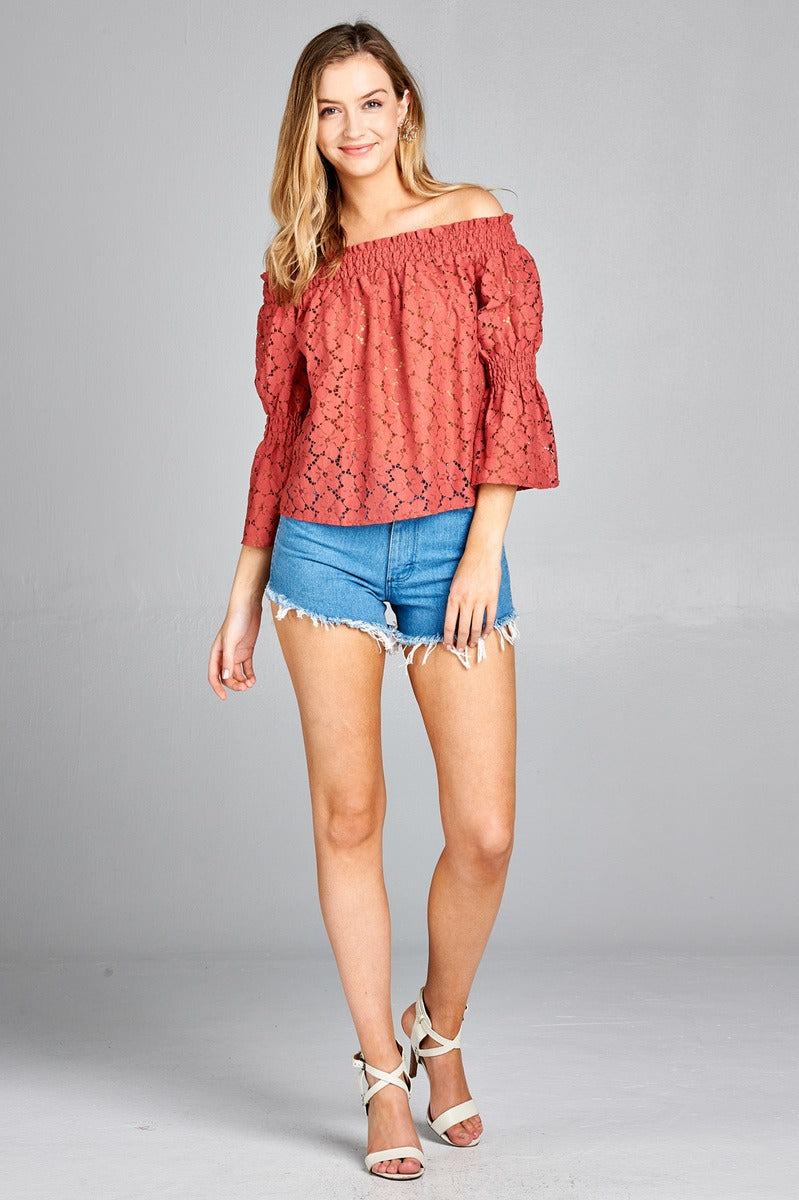 Ladies fashion off the shoulder w/smocked detail floral lace top