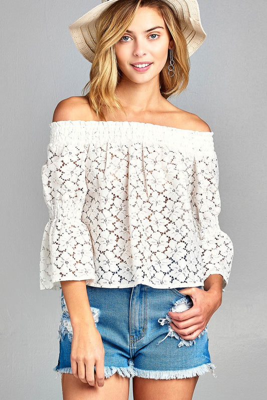Ladies fashion off the shoulder w/smocked detail floral lace top