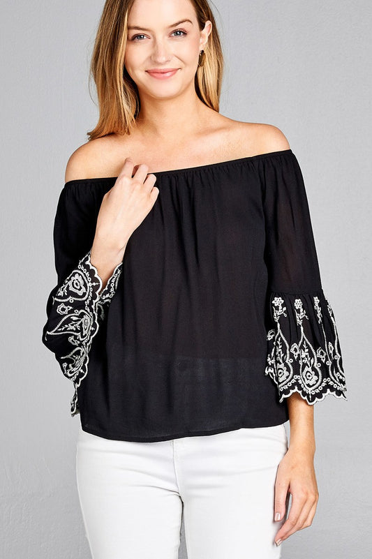 Ladies fashion 3/4 sleeve w/floral embo scallop hem off the shulder woven top