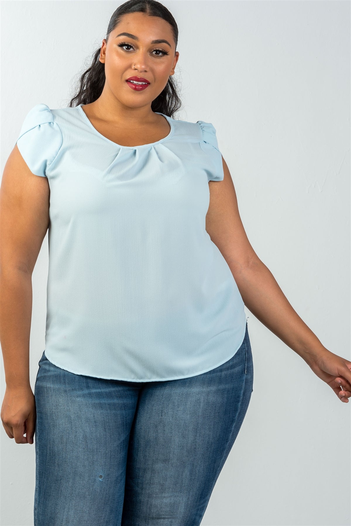Ladies fashion plus size scoop neckline petal sleeve keyhole back curved hem blouse