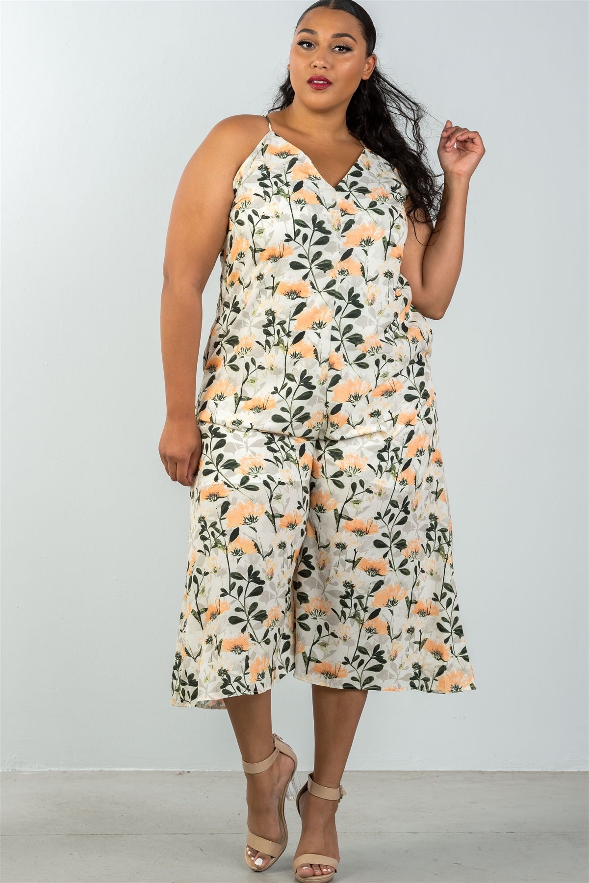 Ladies fashion plus size spaghetti strap yellow & floral capri jumpsuit
