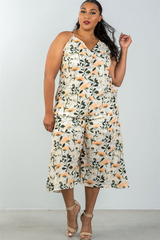 Ladies fashion plus size spaghetti strap yellow & floral capri jumpsuit