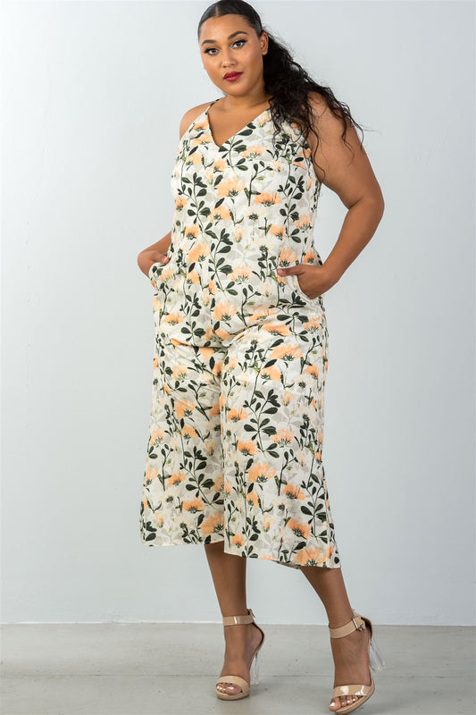 Ladies fashion plus size spaghetti strap yellow & floral capri jumpsuit