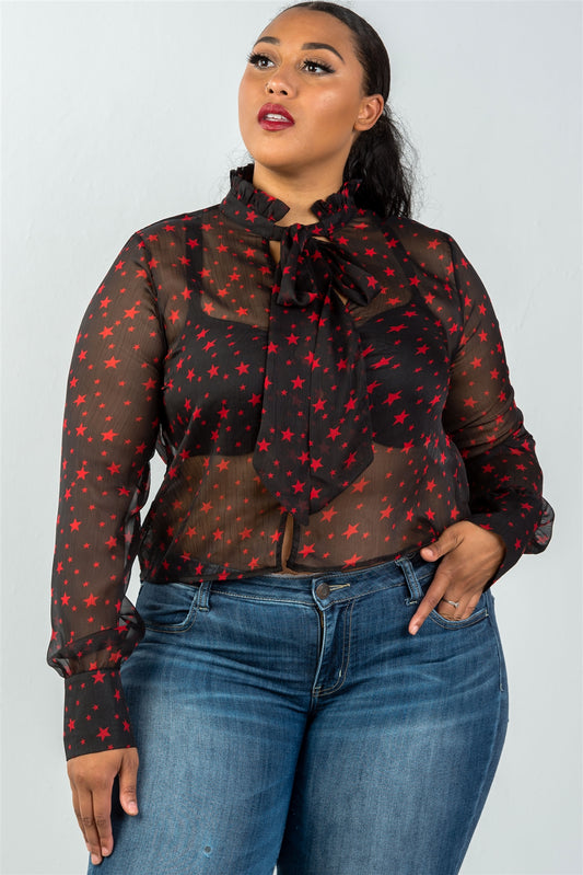 Ladies fashion plus size long sleeve star print high neck mesh top