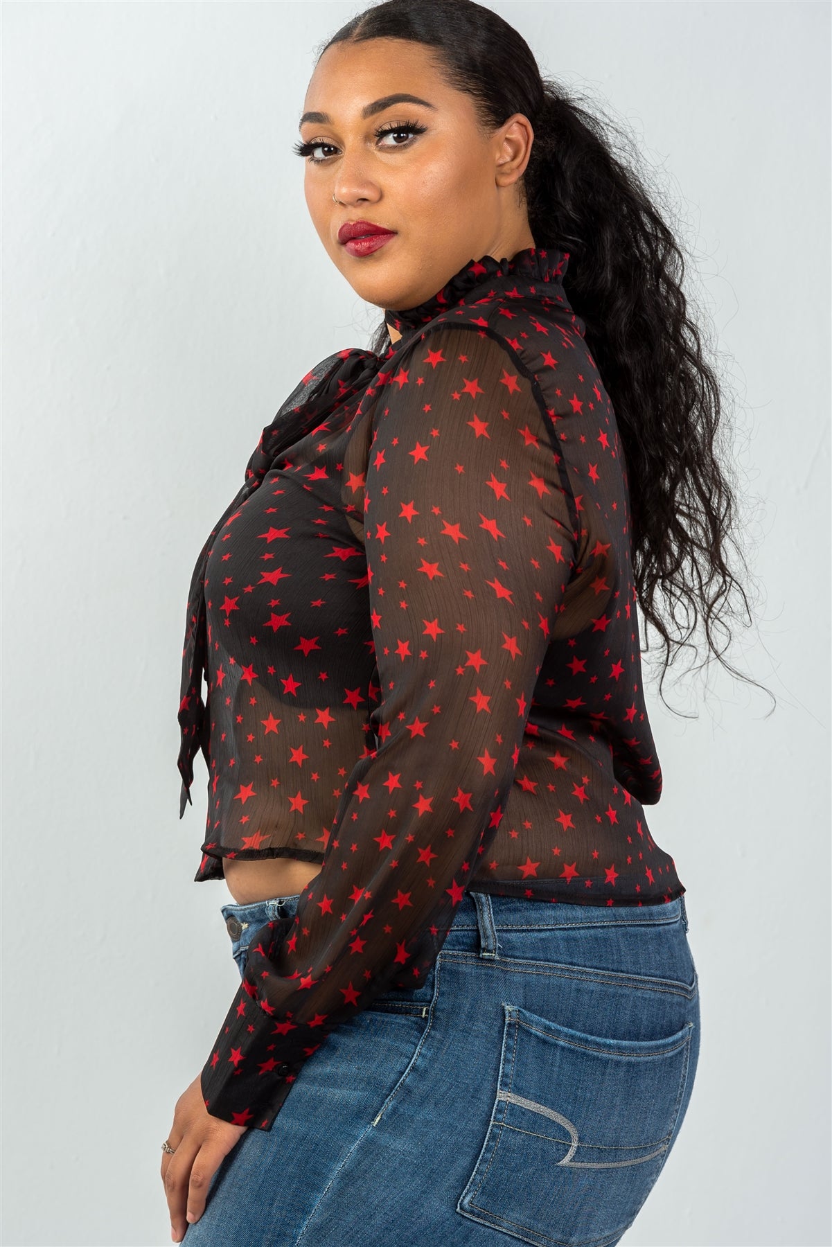Ladies fashion plus size long sleeve star print high neck mesh top