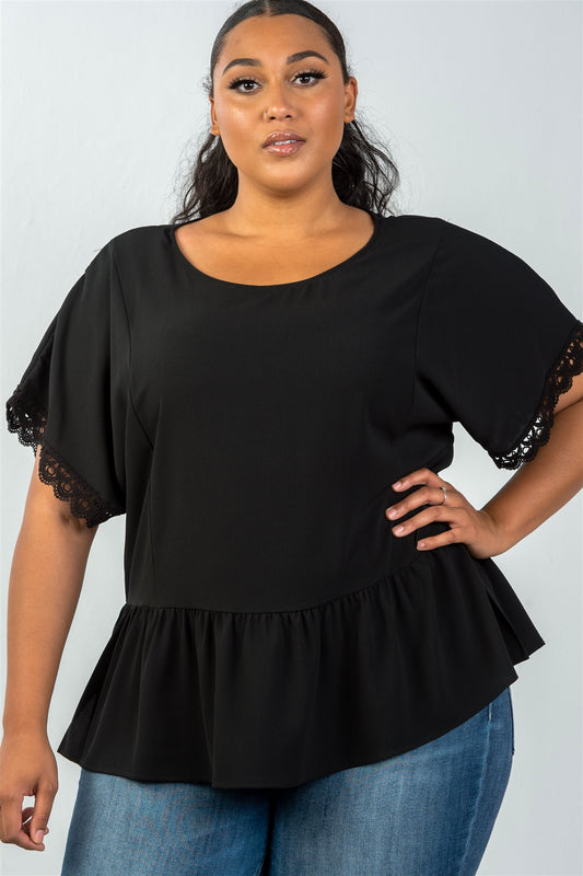 Ladies fashion plus size scoop neckline black crochet trim sleeves top