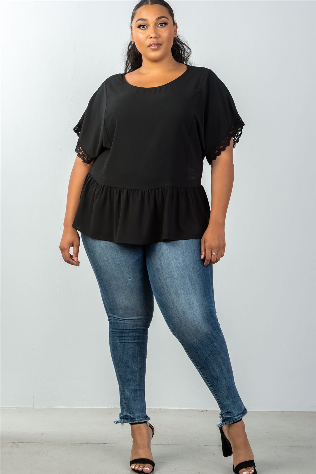 Ladies fashion plus size scoop neckline black crochet trim sleeves top