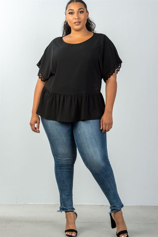 Ladies fashion plus size scoop neckline black crochet trim sleeves top