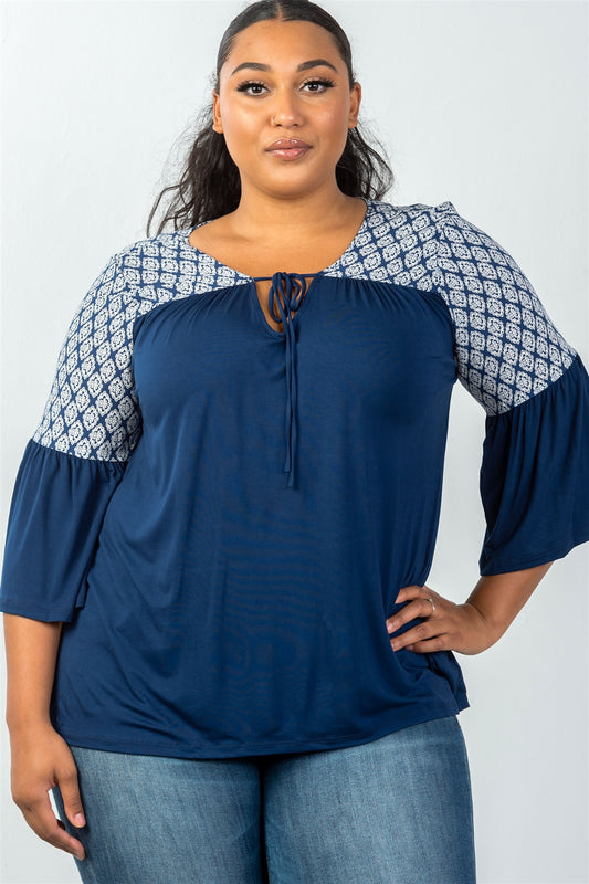 Ladies fashion plus size bell sleeves ornamental pattern tie-front top