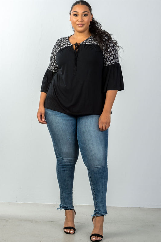 Ladies fashion plus size bell sleeves ornamental pattern tie-front top