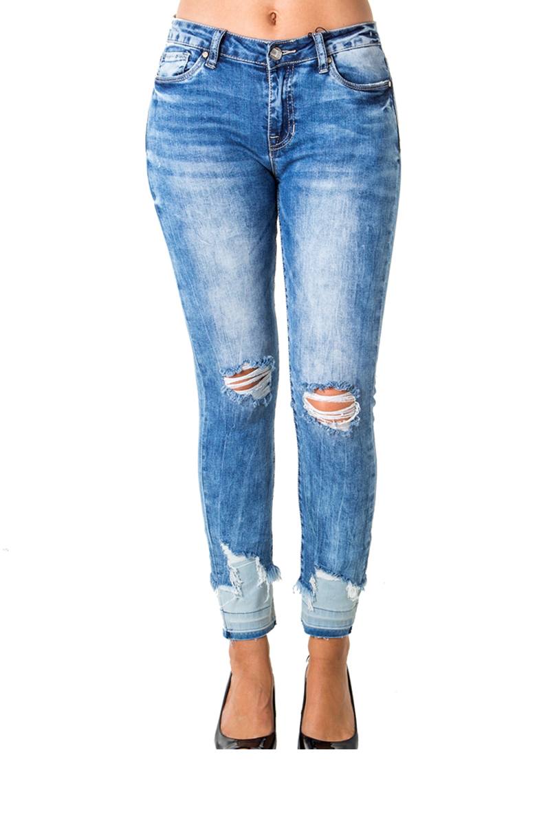 Ladies fashion denim distress capri pants with pockets