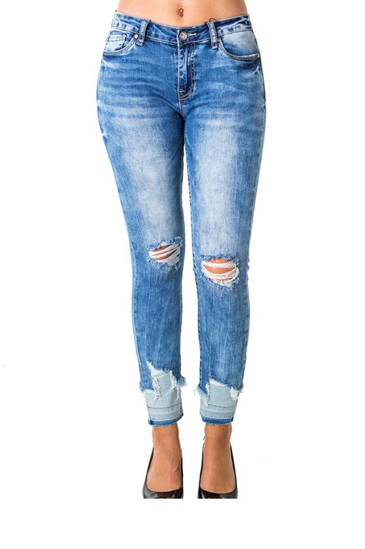 Ladies fashion denim distress capri pants with pockets