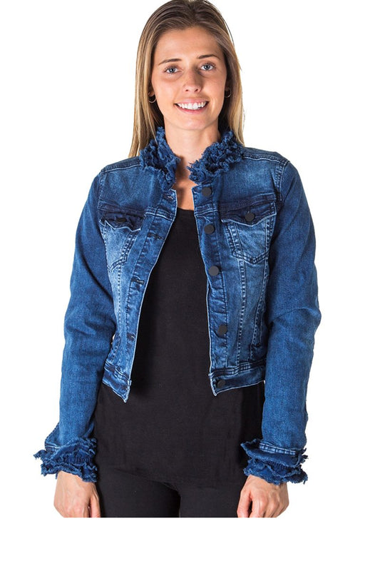 Ladies fashion cropped ruffled denim jacket