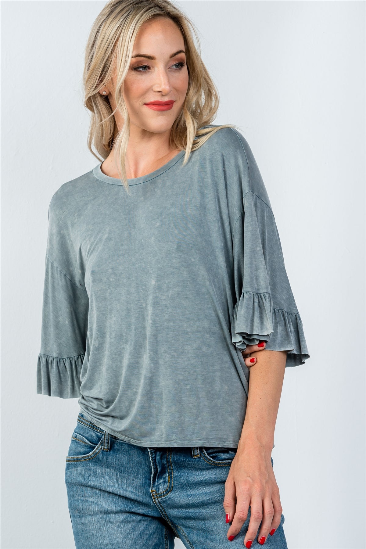 Ladies fashion loose fit ruffle short sleeves with back-tie top
