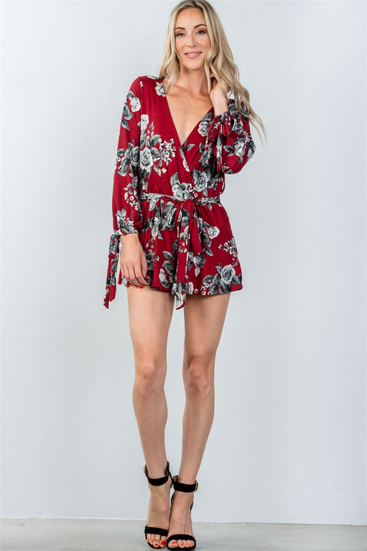 Ladies fashion plunging v-neckline tie long sleeve waist tie floral romper