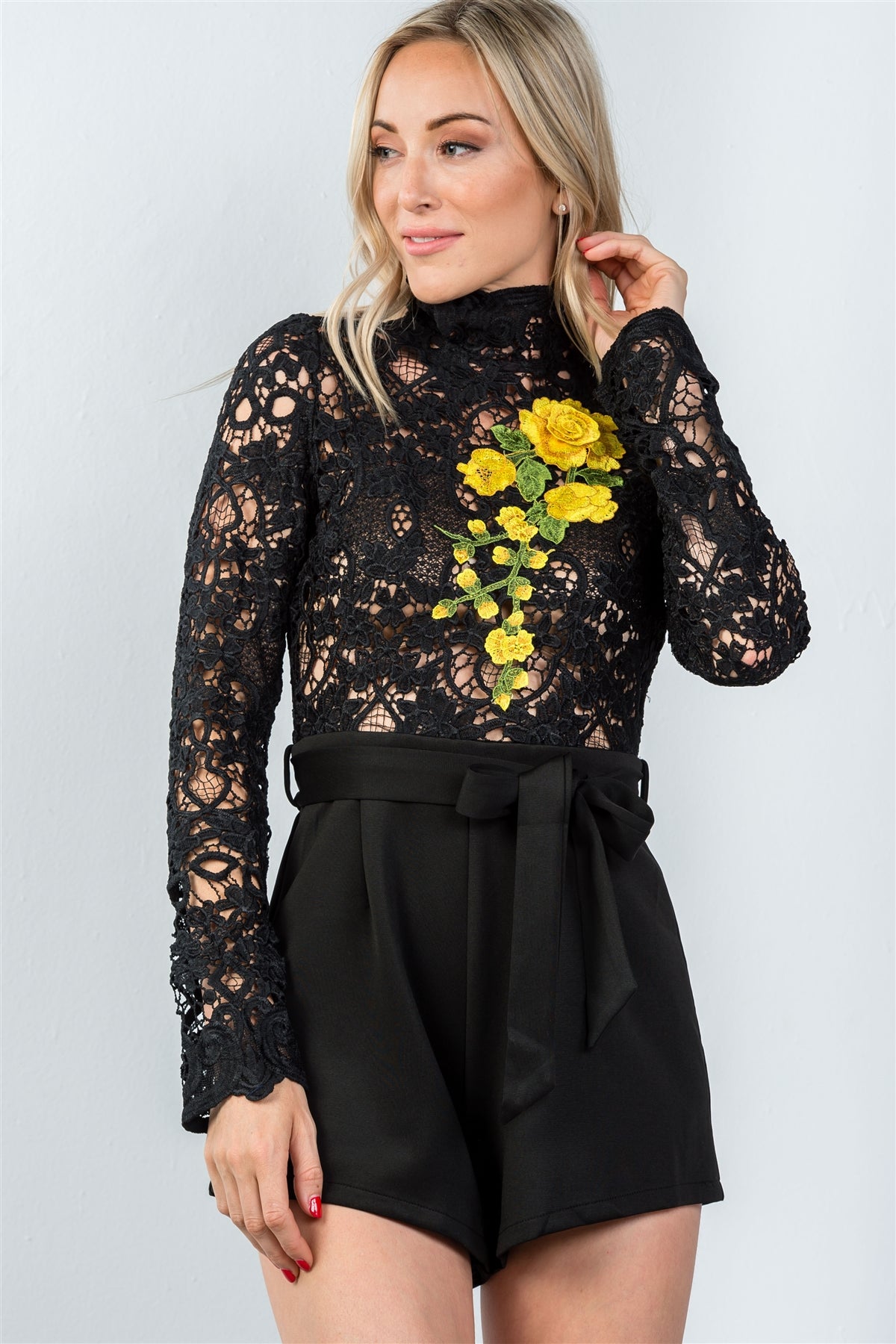 Ladies fashion high neck long sleeves floral embroidered crochet belted romper