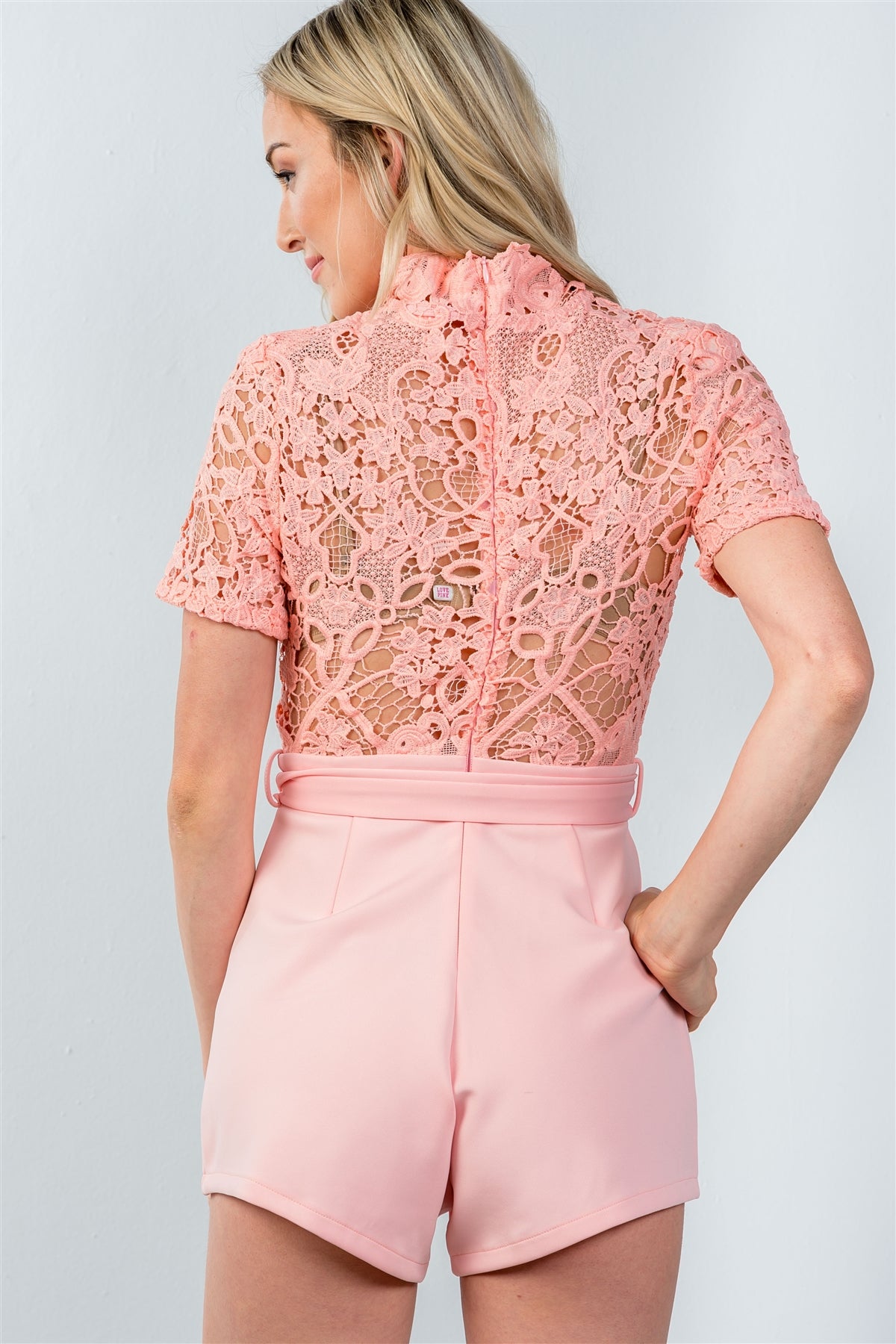 Ladies fashion high neck long sleeves floral embroidered crochet belted romper