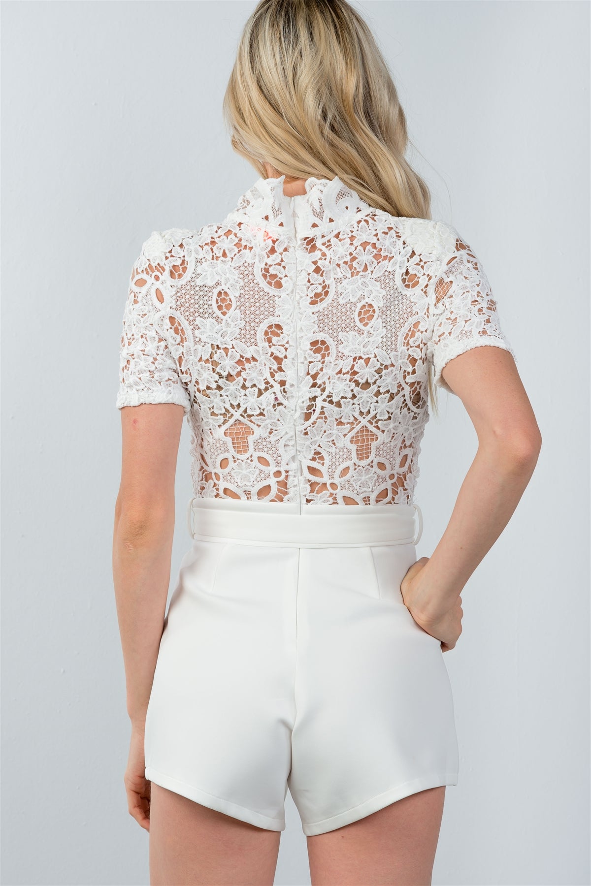 Ladies fashion high neck long sleeves floral embroidered crochet belted romper