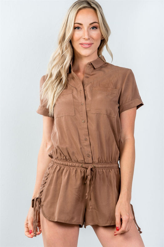 Ladies fashion button down closure lace-up side drawstring romper