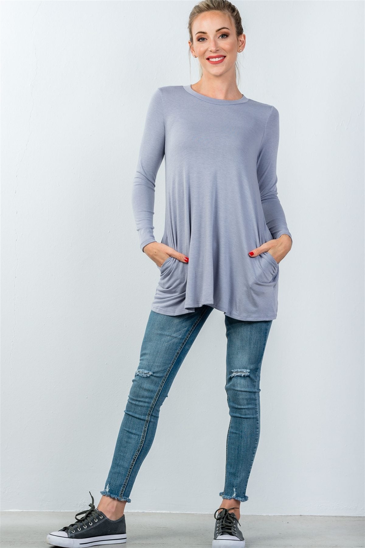 Ladies fashion round neckline long sleeve back keyhole tunic top