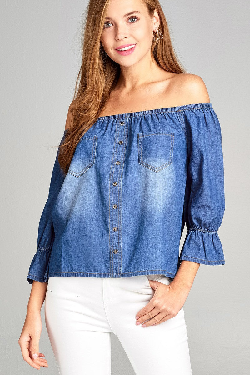 Ladies fashion 3/4 sleeve off the shoulder w/pocket button front chambray top