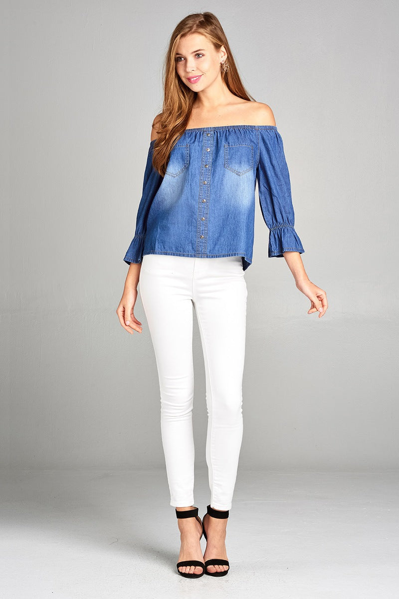 Ladies fashion 3/4 sleeve off the shoulder w/pocket button front chambray top