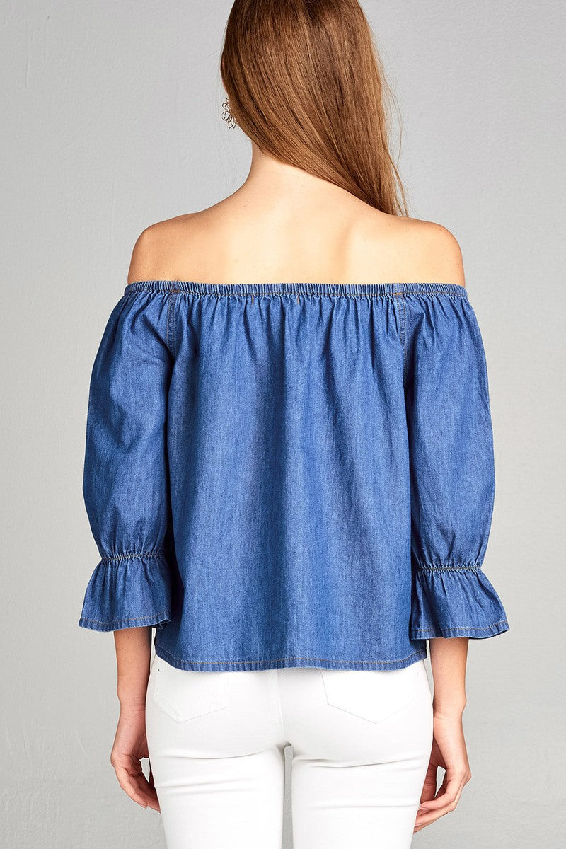 Ladies fashion 3/4 sleeve off the shoulder w/pocket button front chambray top