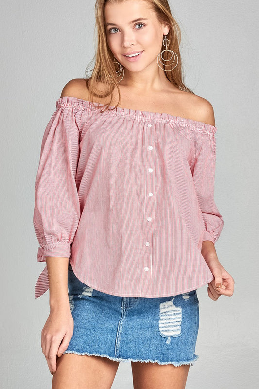 Ladies fashion sleeve tie off the shoulder stripe cotton top