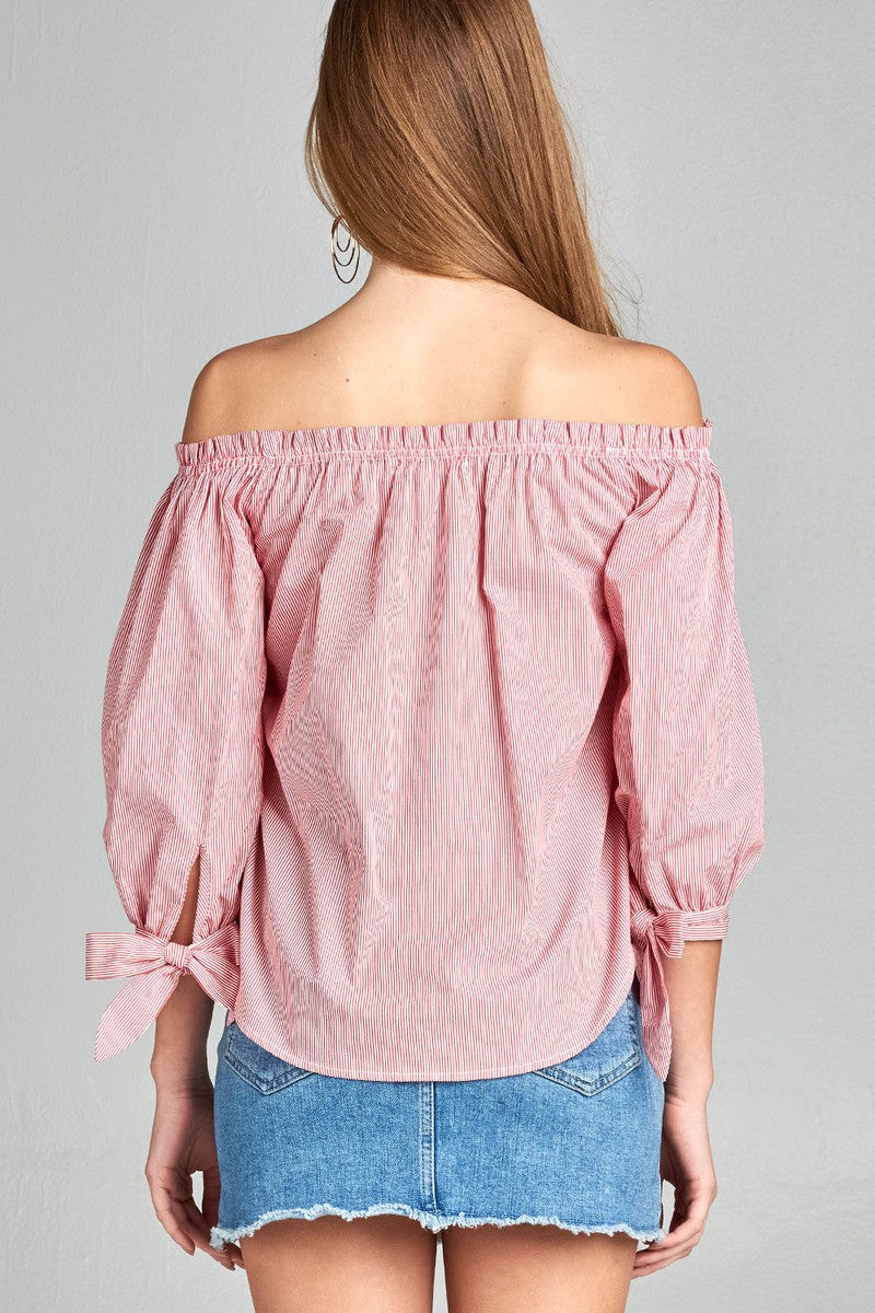 Ladies fashion sleeve tie off the shoulder stripe cotton top