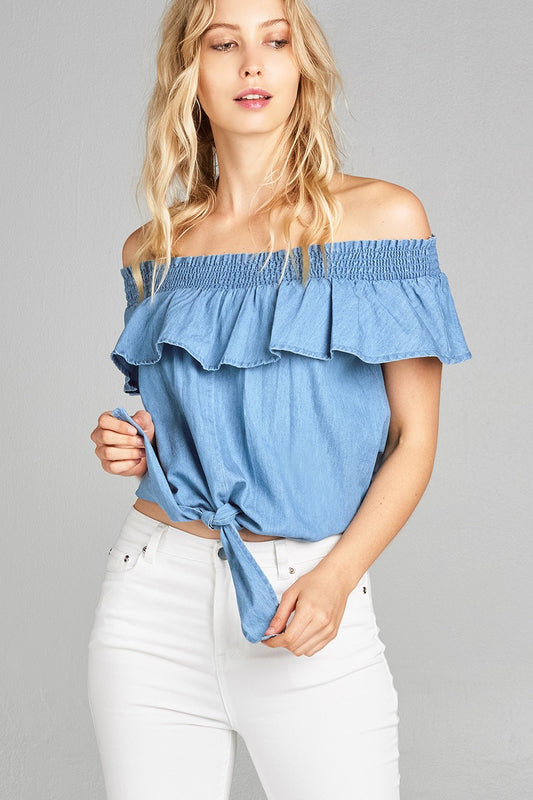 Ladies fashion off the shoulder w/smocked ruffle front self tie chambray top