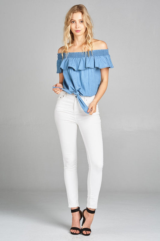 Ladies fashion off the shoulder w/smocked ruffle front self tie chambray top
