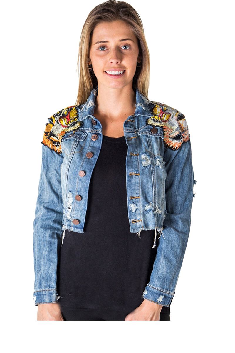 Ladies fashion cropped, distress, embroidered tiger denim jacket