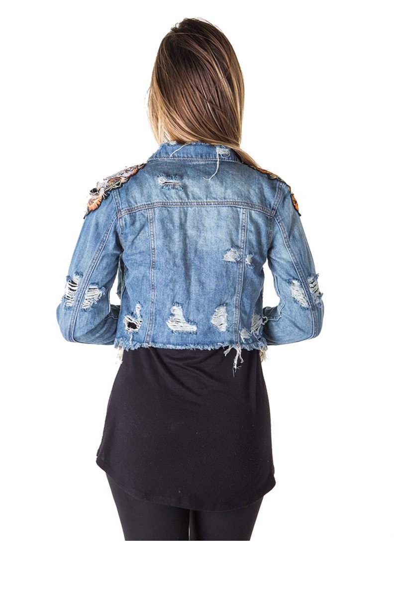 Ladies fashion cropped, distress, embroidered tiger denim jacket