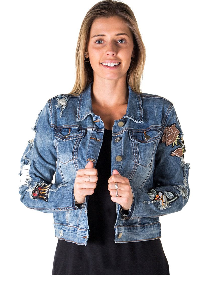 Ladies fashion  distress, embroidered denim jacket